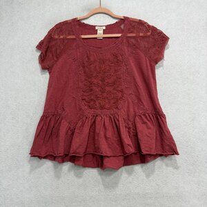 Sundance Blouse Womens Medium Red 100% Cotton Embroidered Ruffle Tunic